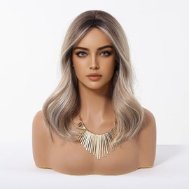 Cemuto Short Wavy Beach Blonde Wig for Women Ombre Blonde Synthetic Wavy Bob Wig Shoulder Length-5