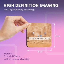 Great Coasters (Set of 4) Square - Teamwork Miniature Men Construction Drink Glossy Coasters/Tabletop Protection for Any Table Type #16730