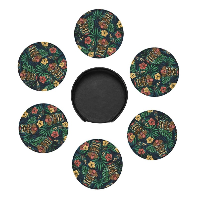 Famame 6 Pcs Hawaiian Tiki Tropical Leaves Leather Coasters for