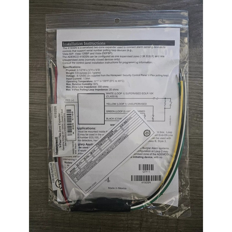 ADEMCO Honeywell 4193SN, Two Zone V-Plex Expander SERIAL INTERFACE MODULE