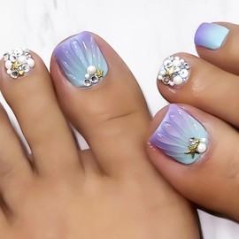 24Pcs Purple Press on Toenails Summer Fake Toe Nails with Cute Starfish & 3D Pearl Design French Acrylic Toenails Reusable False Toenails Full Cover Glossy Stick on Toe Nail for Women Girls