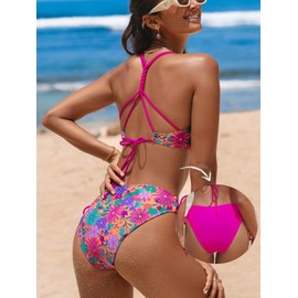 CUPSHE Women's 2 Piece Bikini Set Back Braided Straps with Reversible Bottom, Magenta/ Ditsy, Medium
