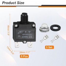sourcing map 5PCS 3A Thermal Circuit Breakers, 125/250V AC,32V DC Manual Reset Push Button Overload Protector Circuit Breaker with Waterproof Button Caps Quick Connector Terminals, X-B1