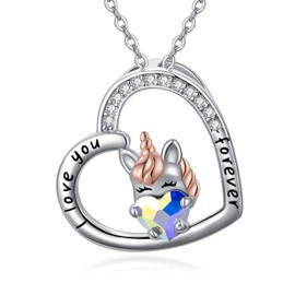 KiiKii Unicorn Necklace 925 Sterling Silver Heart Pendant Necklace I Love You Forever Necklace Unicorn Jewelry Gift for Women, 20×20, Sterling Silver, No Gemstone