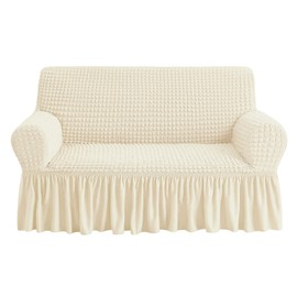 NICEEC Loveseat Slipcover Beige Loveseat Cover 1 Piece Easy Fitted Sofa Couch Cover Universal High Stretch Durable Furniture Protector Love Seat with Skirt Country Style (2 Seater Beige)