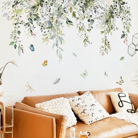 Runtoo Green Plant Leaves Wall Decals Hanging Vine Flower Leaf Wall Stickers for Bedroom Living Room Wall Art Decor