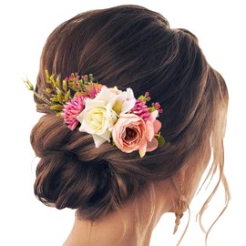 Large Artificial Rose Flower Metal Hair Side Combs Slide with Teeth Hair Clips Floral Wedding Bridal Headpieces Hairpins Barrettes Decorative Hair Comb Bun Accessories for Women