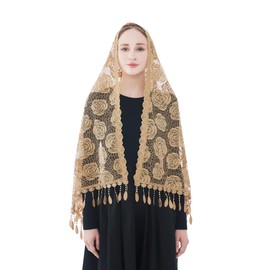 Wgior Rose Rectangular Chapel Veil Scarf Catholic Church Veils Mantilla Wrap Shawl Mass Head Covering (Beige)