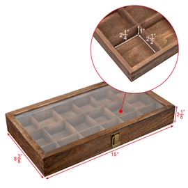 MOOCA Wooden Display Storage Case with Tempered Glass Lid for Jewelry and Beads with 18 Compartments Tray, 15 W x 8 3/8 L x 2 1/8 H in, Brown Color