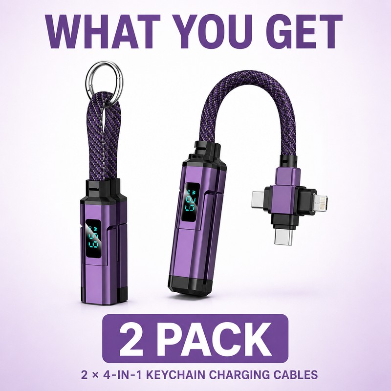 2-Pack 4-in-1 65W Keychain Charging Cables with Digital Power Display