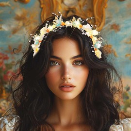 Ajacity Light Up Flower Wedding Headbands Pearl Floral Fairy Headpiece Bridal Hairband for Women