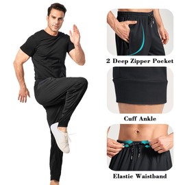 3PC Men's Tapered Jogger Pants with Zipper Pockets - Snag-Proof Mesh Fabric, Breathable for Sports & Casual Wear Black/Black/Black
