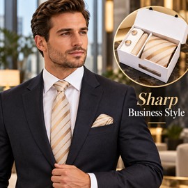 Champagne Gold Striped Silk Tie Gift Set for Men with Pocket Square & Cufflinks – Wedding & Formal Wear  Copy Title