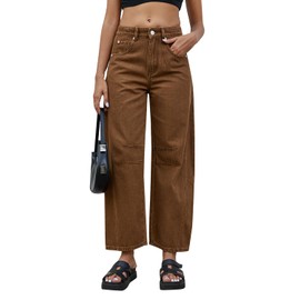 GREAIDEA Mid Rise Barrel Jeans for Women Wide Leg Mid Waist Cropped Denim Pants Y2k Baggy Boyfriend Jeans with Pockets