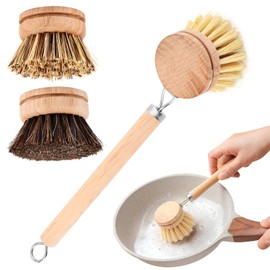 Bamboo Dish Brush Set, 1 Wooden Handle with 3 Natural Bristle Heads All Purpose Kitchen Scrub Brush with Sisal and Palm Horsehair for Cleaning Dishes Pans Vegetables(Color:Brown)