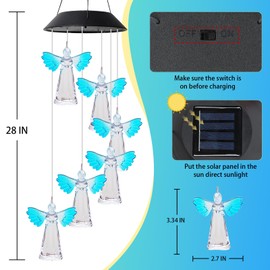 MorTime 28" LED Solar Wind Chime, Color Changing Solar Angel Wind Chimes Mobile Hanging Wind Chime for OutsideHome Garden Decoration