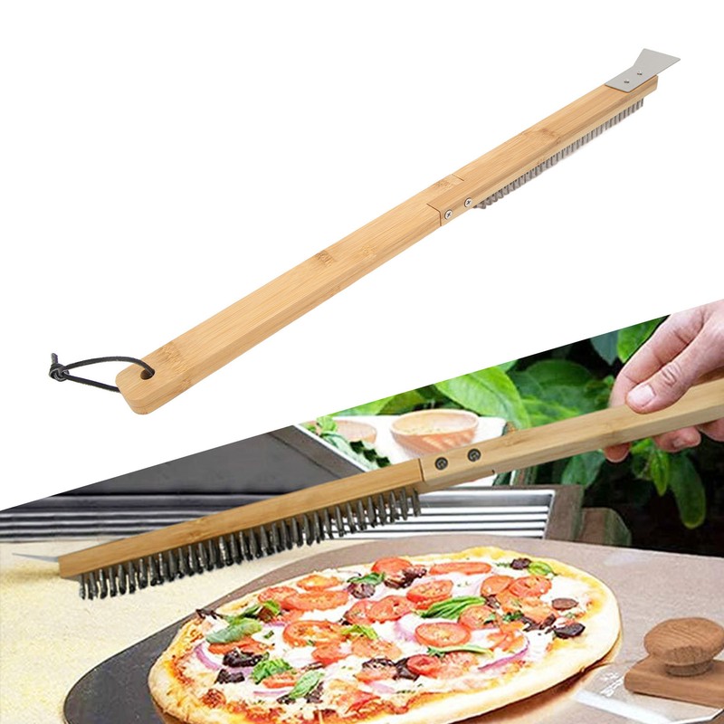 Long Pizza Oven Brush with Scraper Mounted Metal Bristles Pizza