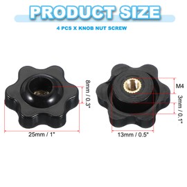 PATIKIL M4 x 25mm Through Hole Knob Nut Screw, 4 Pcs Brass Screw-On Female Thread Knob Plastic Star Knobs Clamping Handles Threaded Hand Knobs Black
