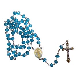 Our Lady of Lujan Virgen de Lujan Patron of Argentina Uruguay and Paraguay Aquamarine Crystal Faceted Rondelle 8mm Beads Rosary with Silver Plated Crucifix and Medal Centerpiece Includes a Prayer Card