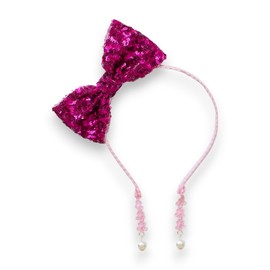 Summer Crystal Sparkling Sequins Large Bow Headband with Pearl Earring Pendants For Girls - Nonslip Lovely Hair Accessory For Everyday, Birthday and Parties (Magenta)