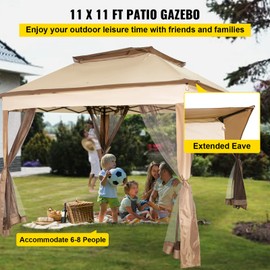 Happybuy Outdoor Canopy Gazebo Tent, Portable Canopy Shelter with 11'x11' Large Shade Space for Party, Backyard, Patio Lawn and Garden, 4 Sandbags, Carrying Bag and Netting Included, Brown