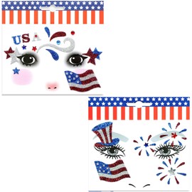2PCS 4th of July Face Stickers Independence Day Eye Body Face Tattoo Stickers Self-adhesive Rhinestone Patriotic Crystal Stars American Flag Fake Sticker Memorial Day Party Parade for Adult Kids