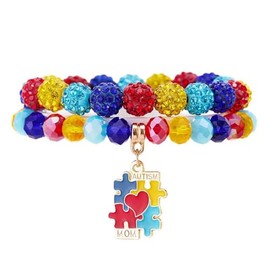 A-yeite Autism Awareness Stackable Bracelets for Women Elastic Colorful Love Heart Ribbon Puzzle Charm Beaded Stretch Bracelet Autism Jewelry Gift (Color 4)