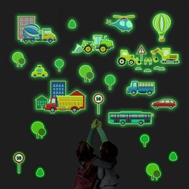 Glow in The Dark Cartoon Construction Vehicle Stickers, 597Pcs DIY Green Luminous City Car Truck Excavator Helicopter Wall Decals for Baby Nursery Boys Bedroom Playroom Wall Decor