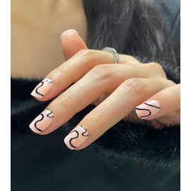 Kikmoya Press on Nails Short - Nude Fake nails Glossy False Nails with Black Swirl Designs Square Shaped Stick on Nails for Women- 24Pcs in 12 Sizes (Nude with Black Swirl)
