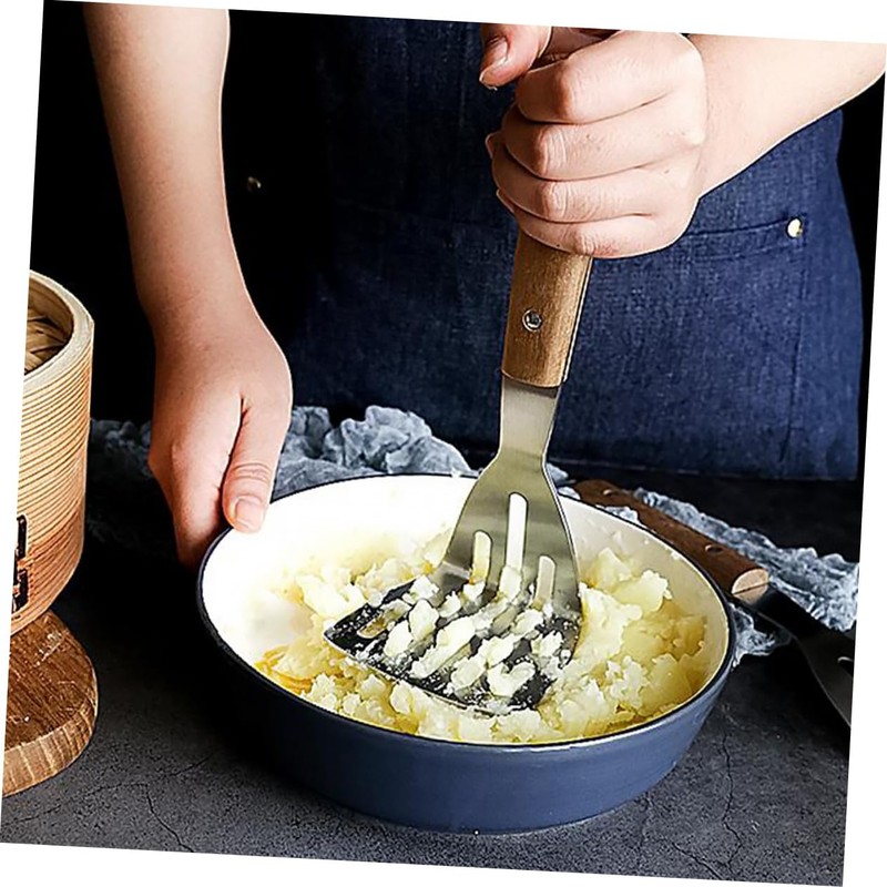 SHOWERORO Stainless Steel Potato Press with Wooden Handle Manual Masher
