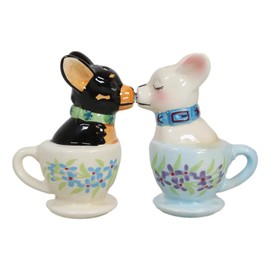 Ebros Ceramic Teacup Black And White Taco Chihuahua Dogs Couple Kissing Salt And Pepper Shakers Figurine Set Teacups Pups Puppy Male Female Dog Decor Kitchen Dining Table Statue