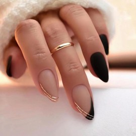 JUSTOTRY Pack of 24 Black Matte Nails for Gluing Short, Gold Swirl Almond Press On Nails Pattern, Glossy Oval Artificial Nails, Fake Nails, Medium, French Fingernails, Artificial Nails for Women