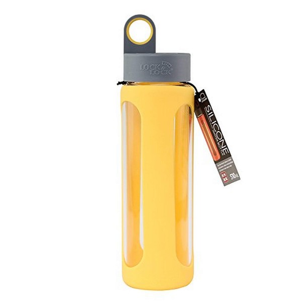 LOCK & LOCK I Shape Silicone Heat Resistant Borosilicate Glass Sports, 17 oz, Yellow Water Bottle
