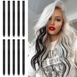 Coloured Clip in Hair Extension Black Hairpieces for Women Party Highlight Colourful Straight Long Hair Extensions Clip in Hair Piece, 22 inch