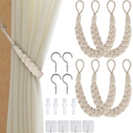 Annickee Pack of 4 Curtain Rope Tiebacks, Hand Knitted Curtain Holders, Rope Buckle, Boho Curtain Holders, Cotton Rope Curtain Holders, Curtain Holder for Home, Children's Room and Office