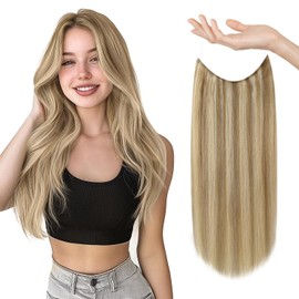 Sunny Wire Hair Extensions Real Human Hair Fish Line Human Hair Extensions Invisible Wire Extensions Honey Blonde with Platinum Blonde Highlights #27/613 12 Inch