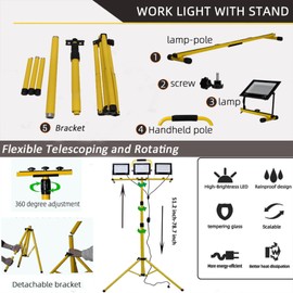 KAWELL 30000LM Industrial LED Work Light with Stand Waterproof LED Hanging Work Lights with 16.4Ft Cord Portable Adjustable Job Site Lighting Indoor Outdoor for Workshop Garage Warehouse Camp, 6500K