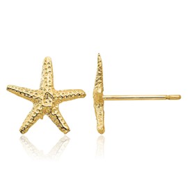14K Yellow Gold Starfish Stud Earrings Polished 11mm Sea Life Button