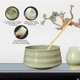 TeamSky Matcha Set 4-teilig aus Bambus & Keramik – Inkl. Schneebesen, Keramikschale, Bambuslöffel & Schneebesenhalter – Premium Zubehör für Matcha-Latte (​hellgrün)