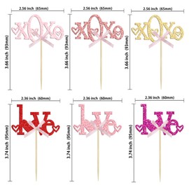 Gyufise 24Pcs Valentine's Day Love Cupcake Toppers Glitter XOXO Valentine Cupcake Picks with Bow for Valentine's Day Theme Wedding Engagement Bridal Shower Birthday Party Supplies