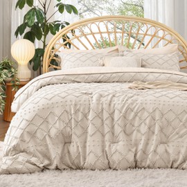Bedsure Queen Comforter Set - Beige Comforter, Boho Tufted Shabby Chic Bedding Comforter Set, 3 Pieces Vintage Farmhouse Bed Set for All Seasons, Fluffy Soft Bedding Set with 2 Pillow Shams
