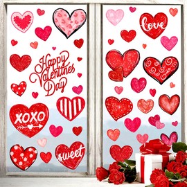 6 Sheets Valentines Window Clings Double-Sided Heart Window Stickers Red Happy Valentines Window Decals for Home Wedding Anniversary Party Store Glass Decoration Valentines Day Decorations