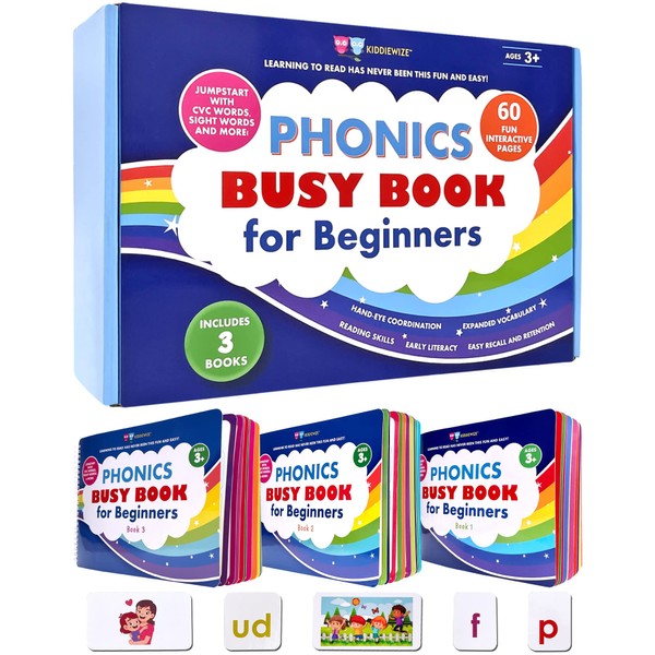KIDDIEWIZE Learn to Read Phonics Busy Book for Beginning Readers, Montessori-Inspired Set of 3 Books for Kids Ages 3 4 5 6 7 8 with 60 Interactive Activities, Read in 4 Weeks with CVC and Sight Words