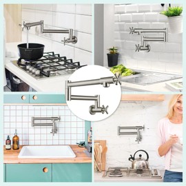 Heyalan Pot Filler 19 Inch Wall Mount Folding Stretchable Kitchen Restaurant Faucet Stainless Steel Pot Filler Double Joint Swing Arm Two Handles Commercial NPT,Cross Handle,Brushed Nickel