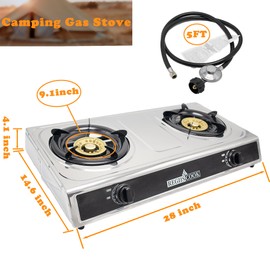 RegiisCook Double Burner Propane Gas Cooktop,Camping Portable LPG Gas Stove, Auto Ignition Stainless Steel Countertop with regulator and burner grate