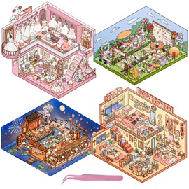 4 Set Wedding Theme 3D Sticker Scene 3D House Stickers with Tweezers 3D Miniature Scene Stickers Wedding Dress Shop Make Your Own House DIY Stickers