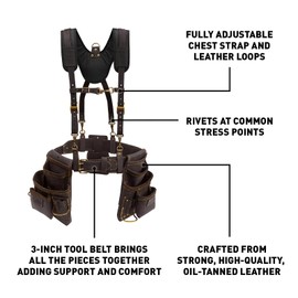 OX Tools Oil Tanned Leather Framing Rig with Padded Suspenders Leather Carpenter Tool Belt with Suspenders and Tool Pouches Dual Hammer Holsters OX-P263609