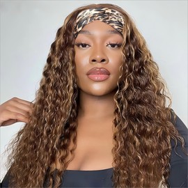 Yacurcur Headband Wigs Deep Wave Curly Hair for Women Synthetic 150% Density Honey Blonde Highlight 24 inch (4/27）