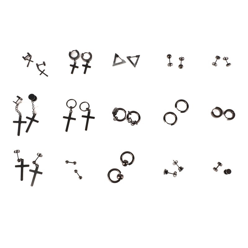 15 Pairs Earrings Set Black Stainless Steel Ear Studs Men