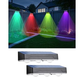 Solar Fence Lights 2PK, RGB & Warm White & Cool White & 12 Modes, Bright Lens LED Deck Step Fence Light Solar Powered, Fence Solar Lights Outdoor Waterproof for Backyard/Wall/Step/Patio/Pool/Railing
